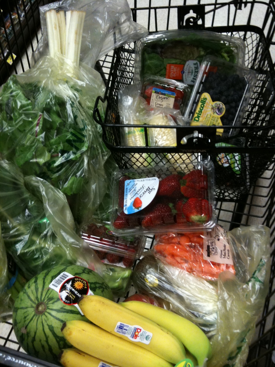 photo of shopping cart full of healthy fruits &amp; vegetables